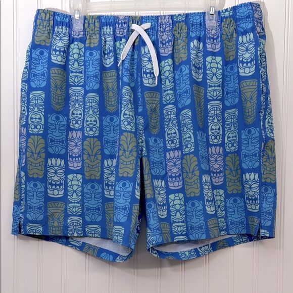 Bearbottom Blue Patterned Men's Swim Shorts Tiki Vacation Travel Swimwear - Picture 1 of 5